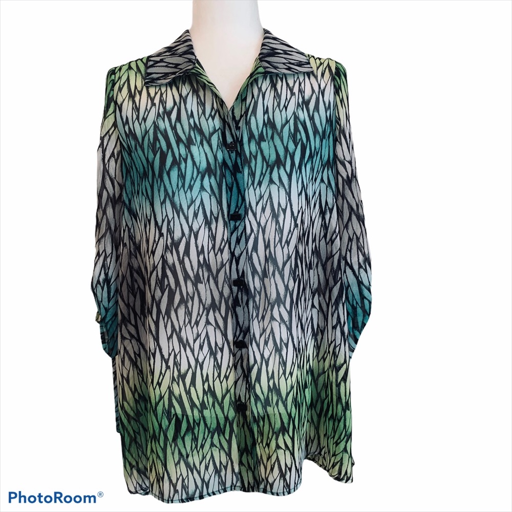 IC by Connie K Black and Turquoise Button Front Tunic Top with Tie Sleeve Sz S
